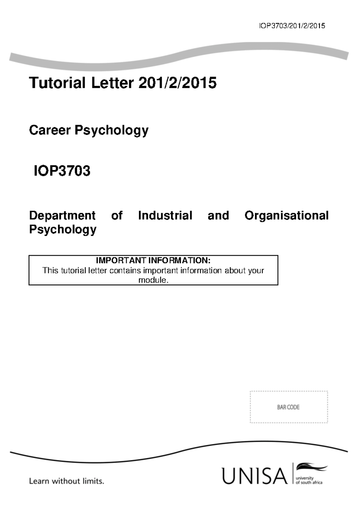IOP3703 Tutorial Letter 201/2: Key Insights on Career Psychology and ...