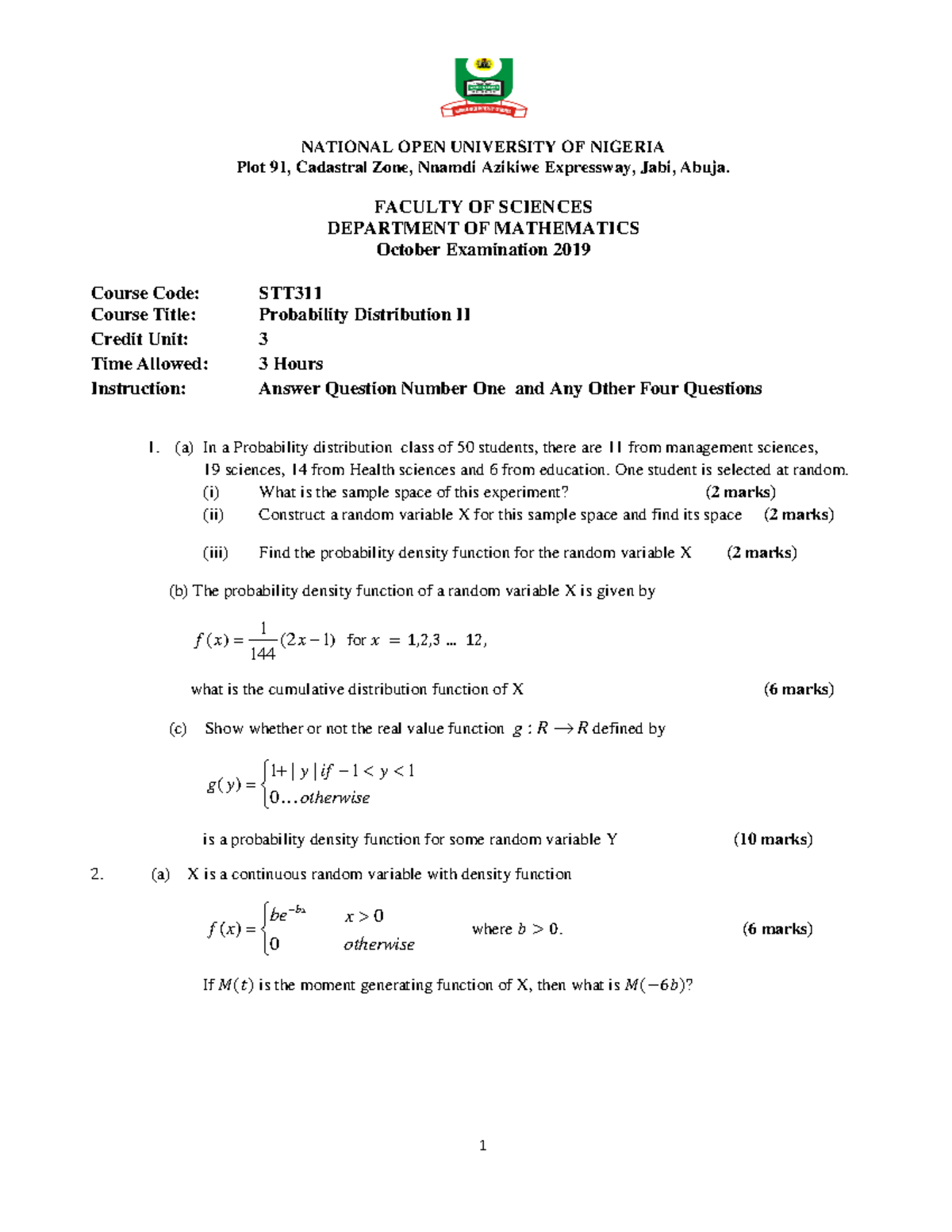 2019 2 STT311 - Probability Distribution II Exam Notes for 300lvl ...