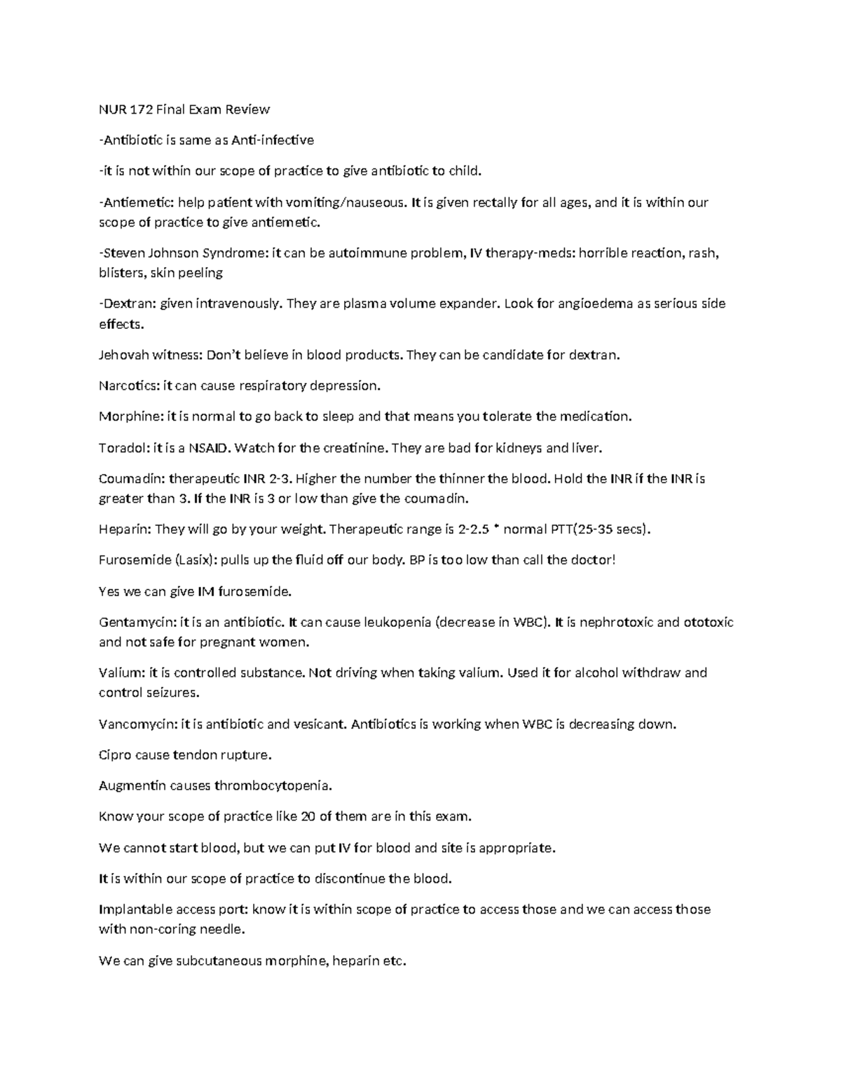 NUR 172 Final Exam Review - NUR 172 Final Exam Review -Antibiotic is ...