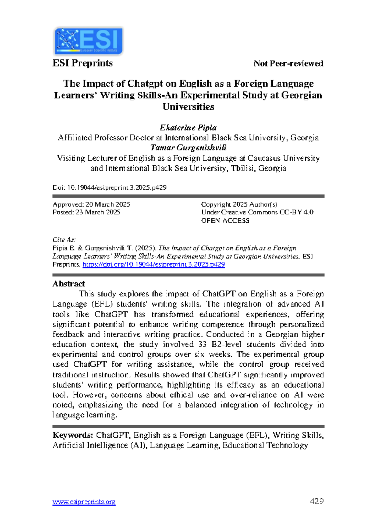ESI Preprints: The Impact of ChatGPT on EFL Writing Skills in Georgian ...