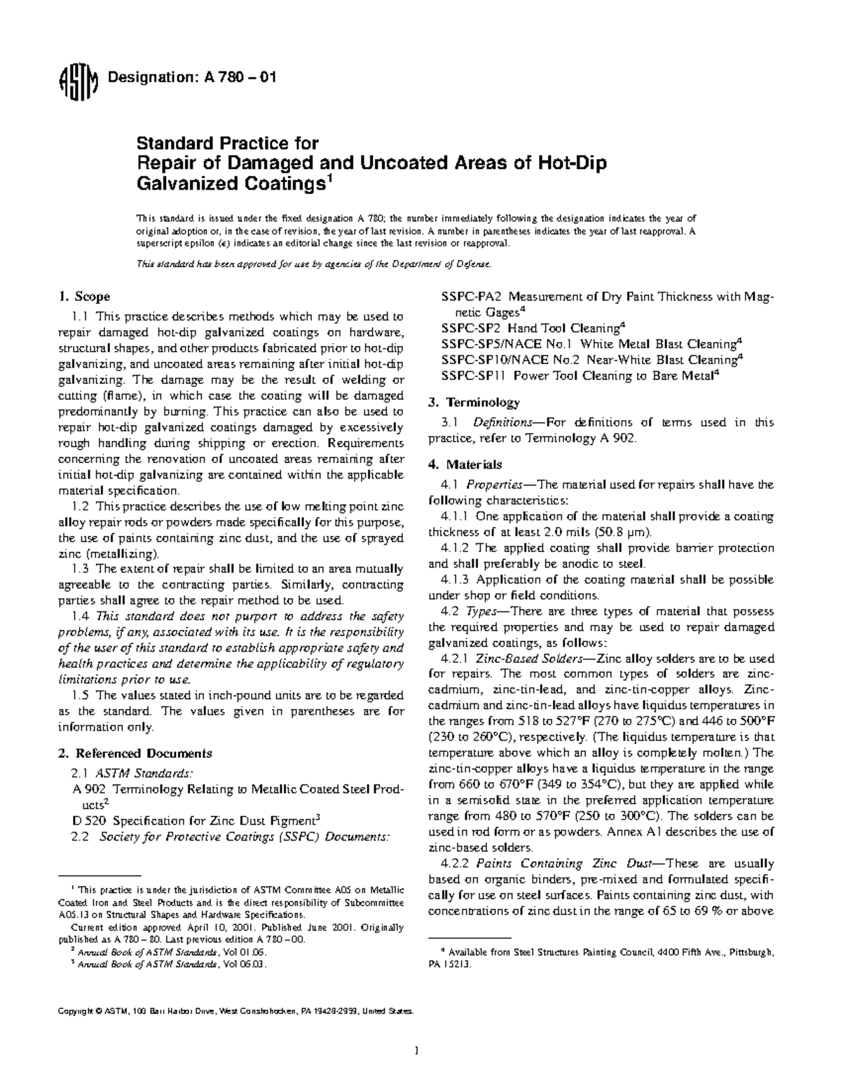 A 780-01 Standard Practice for Repairing Galvanized Coatings - Studocu