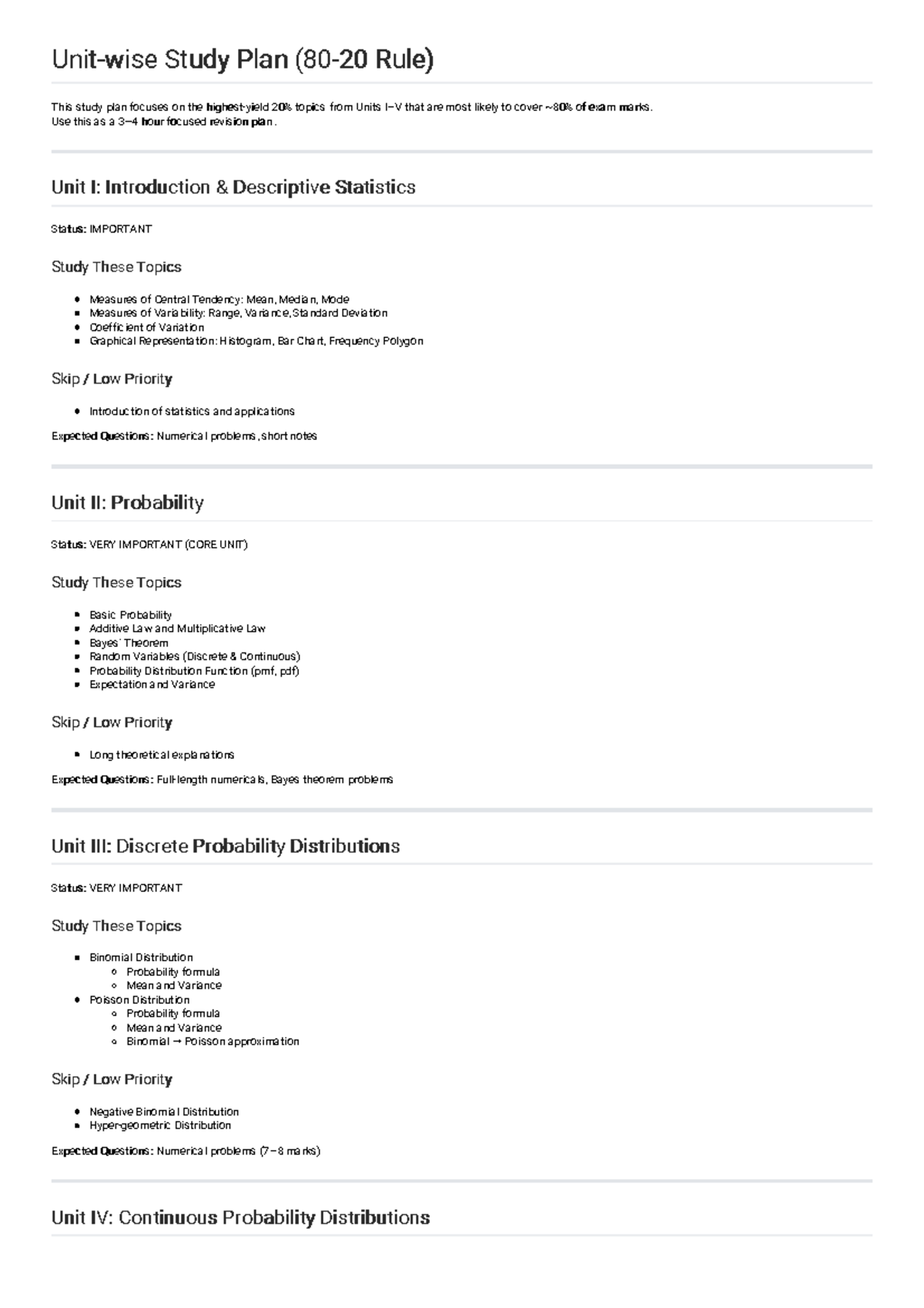 Maths Study Plan: Key Topics for Exam Success - Studocu