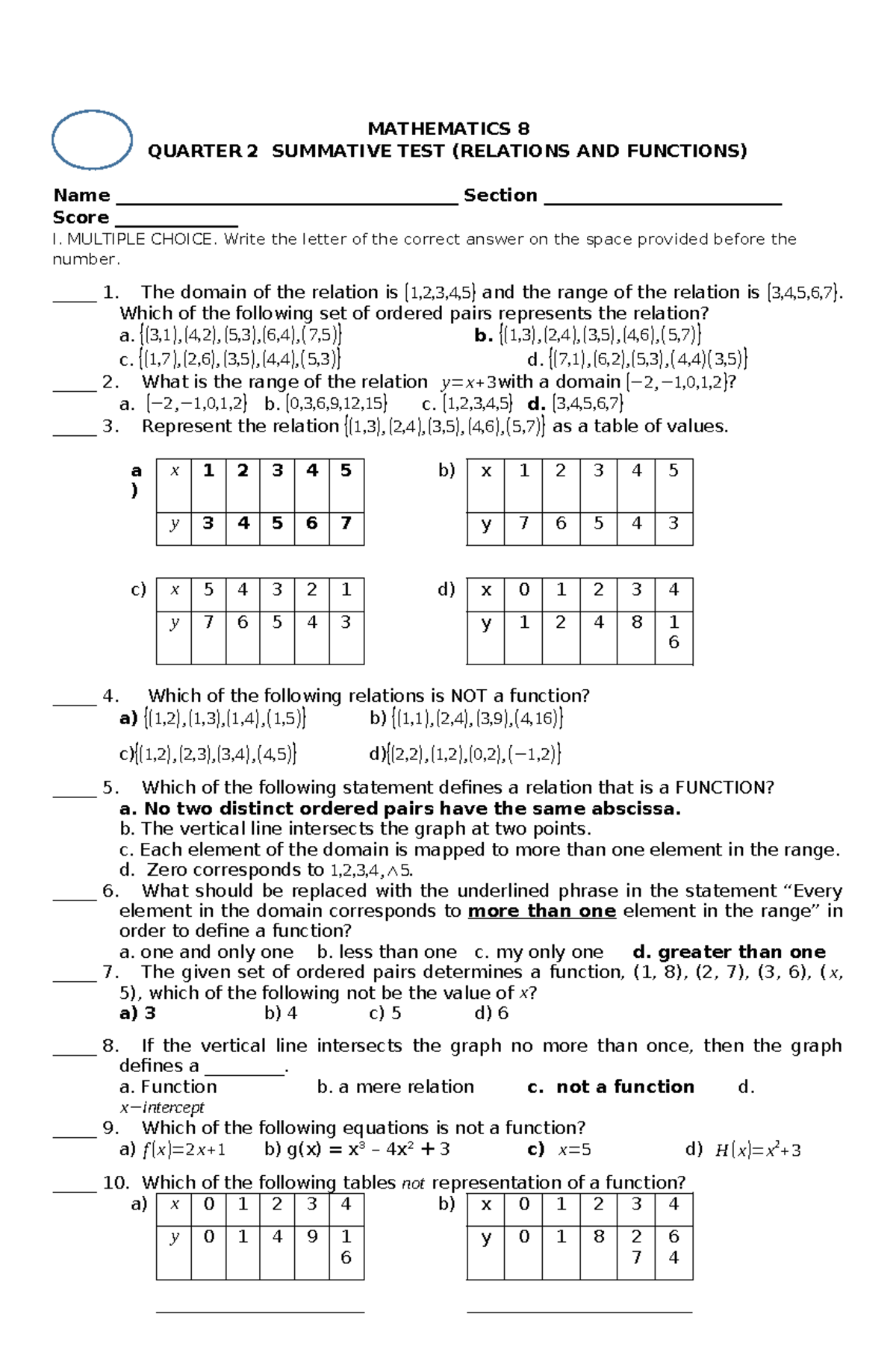 MATH 8, Q2, W 3-4, Relations & Functions Practice Quiz - Studocu