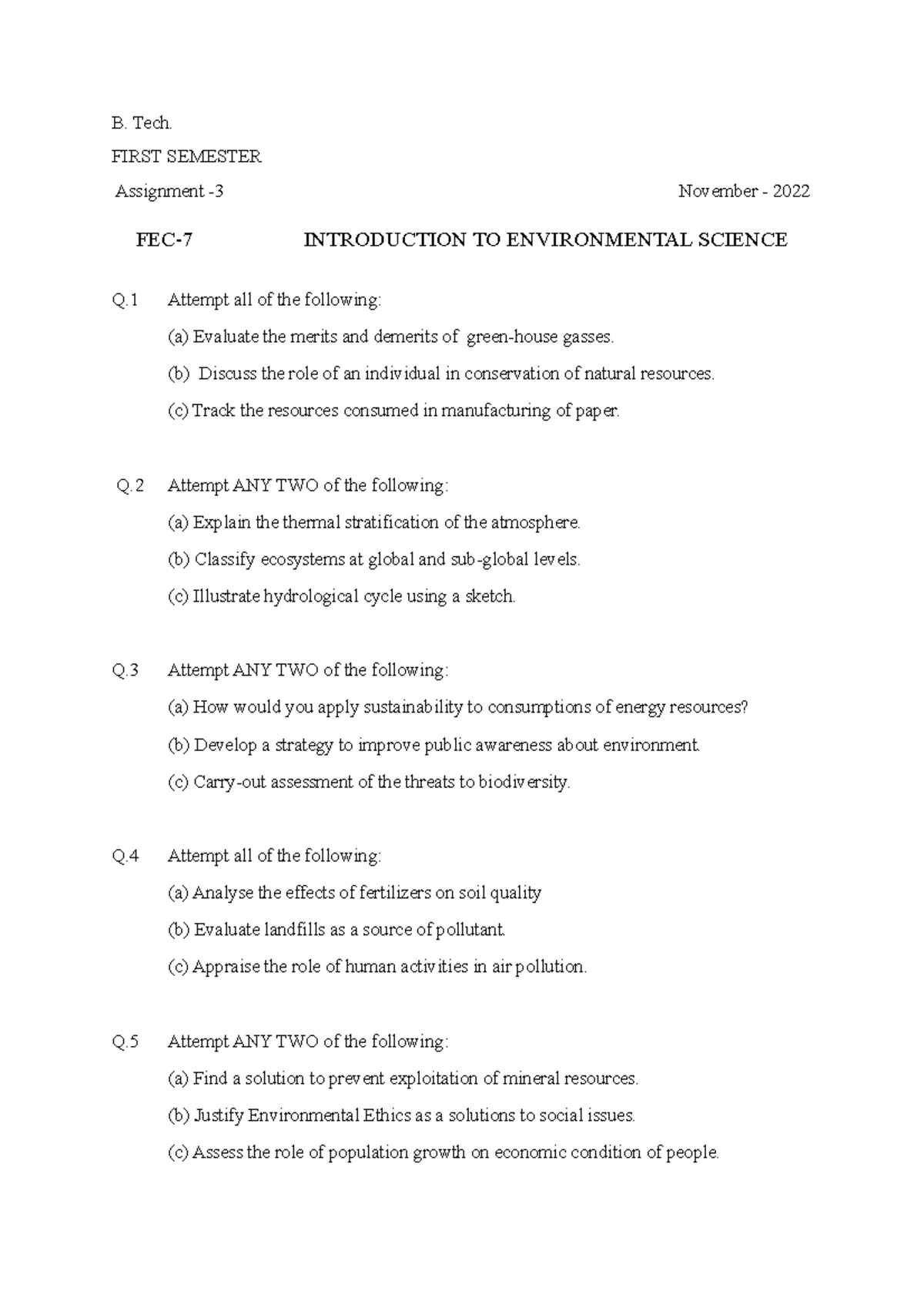 FEC-7 Assignment - 3: Introduction to Environmental Science (Nov 2022 ...