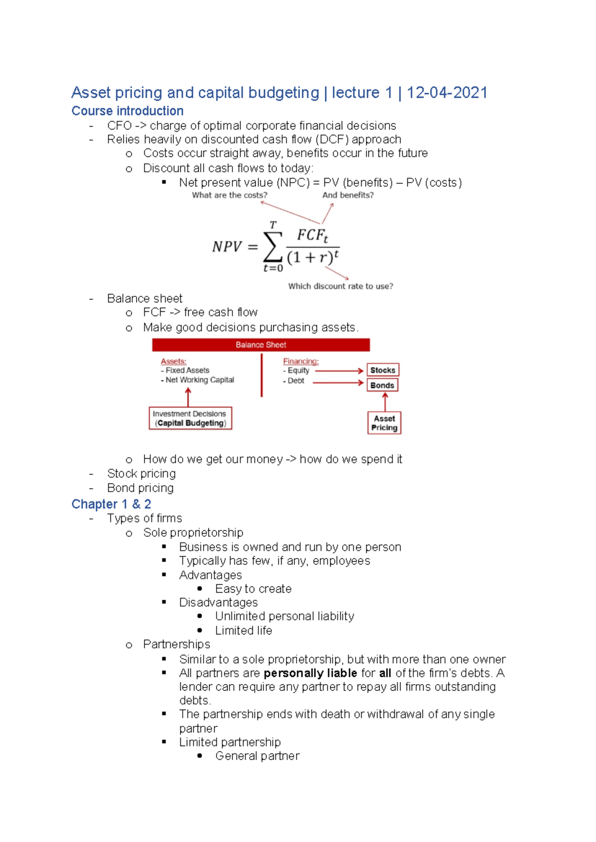 AP&CB - Lecture 1 - Asset Pricing & Capital Budgeting Notes - Studeersnel