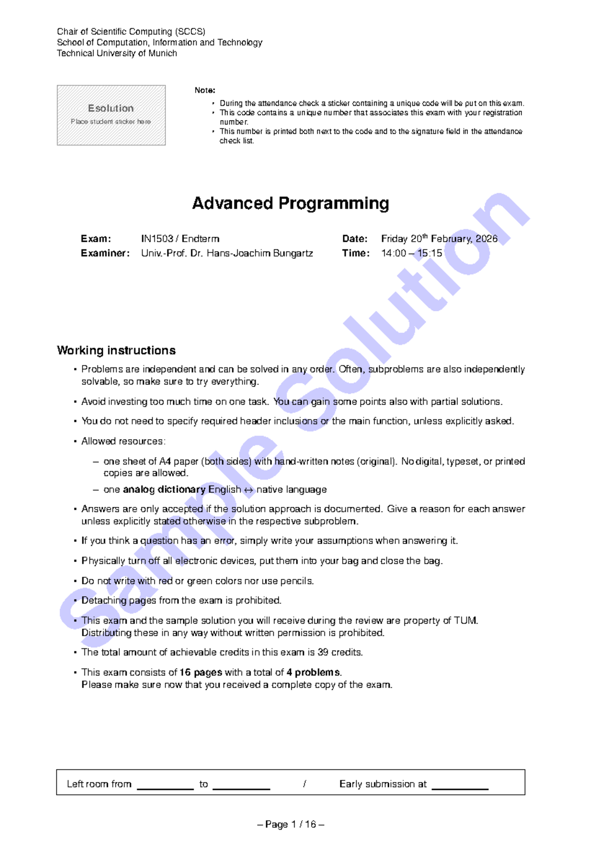 IN1503 Endterm Exam Sample Solution - Advanced Programming - Studocu