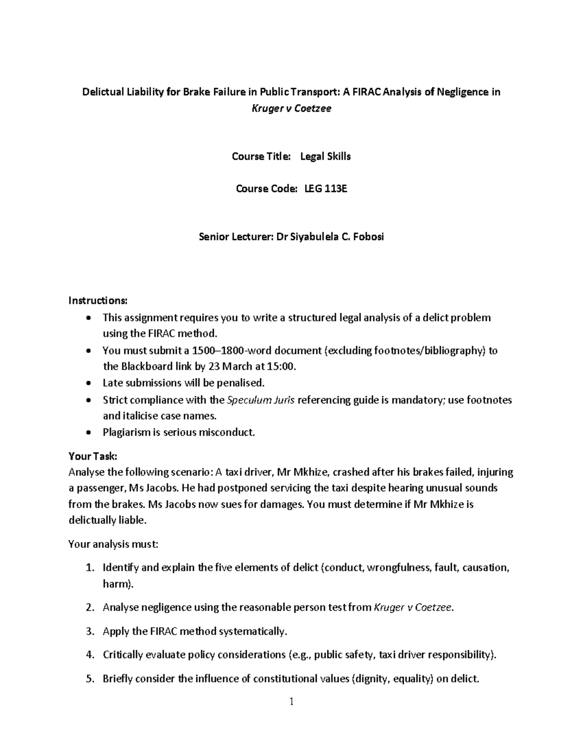 Delictual Liability Analysis: Brake Failure in Public Transport (LEG ...