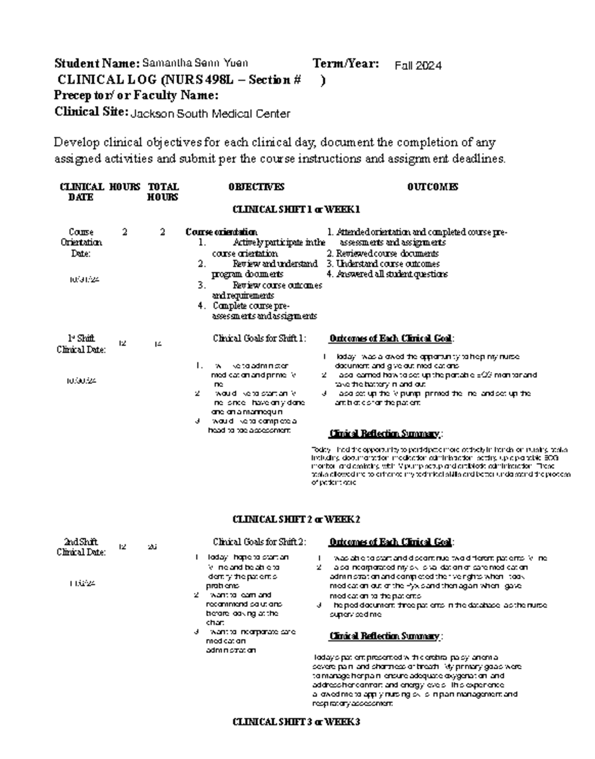 NURS 498L Clinical Log and Shift Objectives Documentation - Studocu