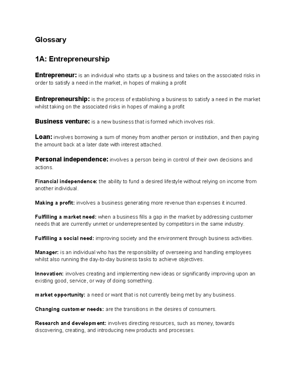 Chapter 1 Glossary for Business Management - Glossary 1A ...