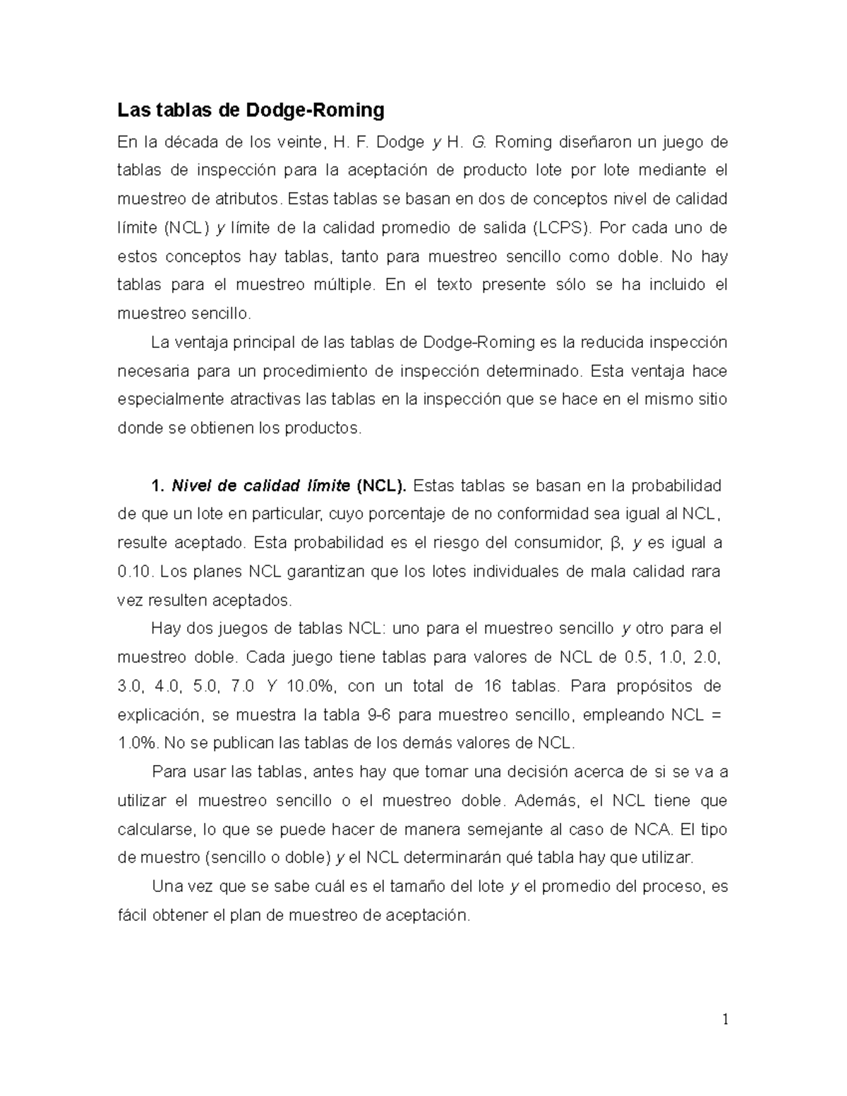 Tablas de Dodge-Roming: Resumen de Muestreo y Calidad en Inspección ...