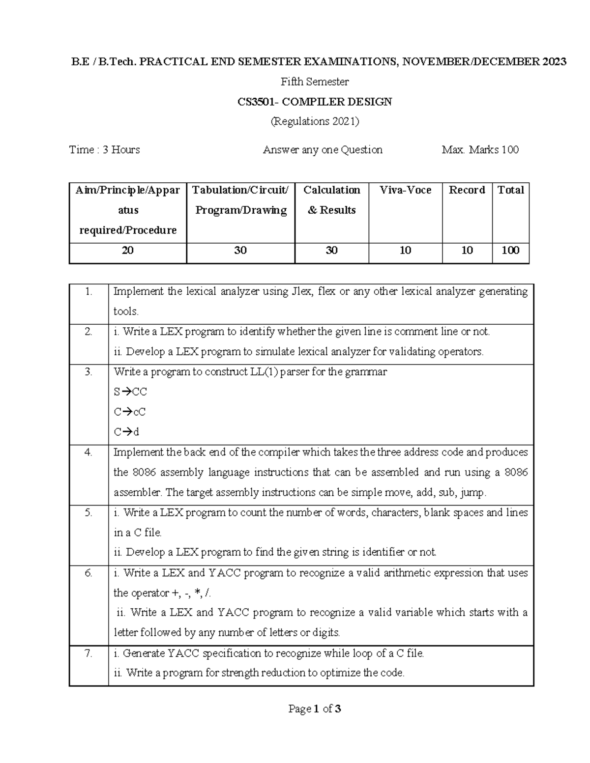 CS3501 Final Exam: Compiler Design Practical Questions & Guidelines ...