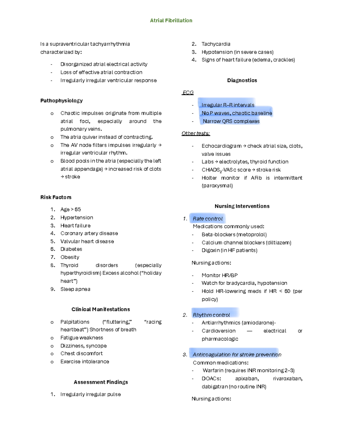 Atrial Fibrillation (AFib) - Comprehensive Study Notes - Studocu