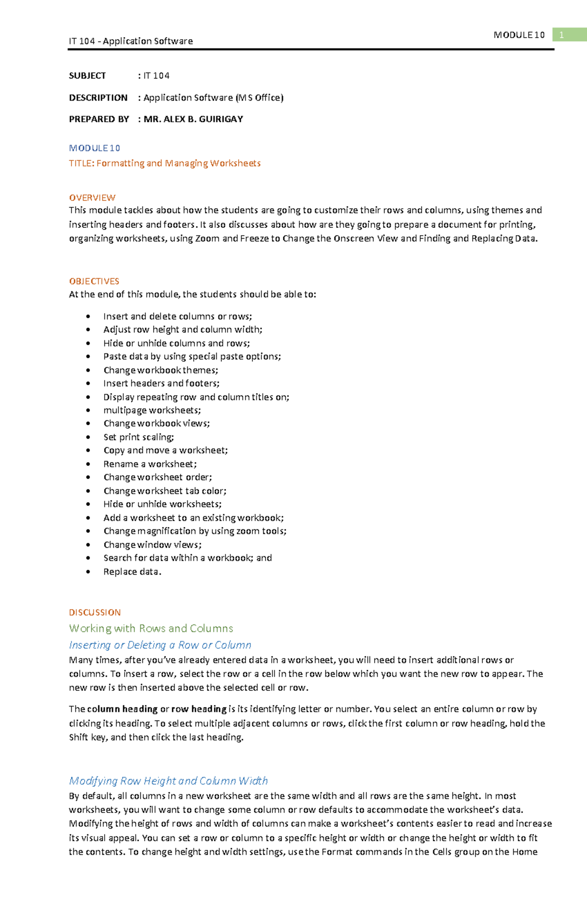 IT 104 - Application Software: Module 10 - Formatting Worksheets - Studocu