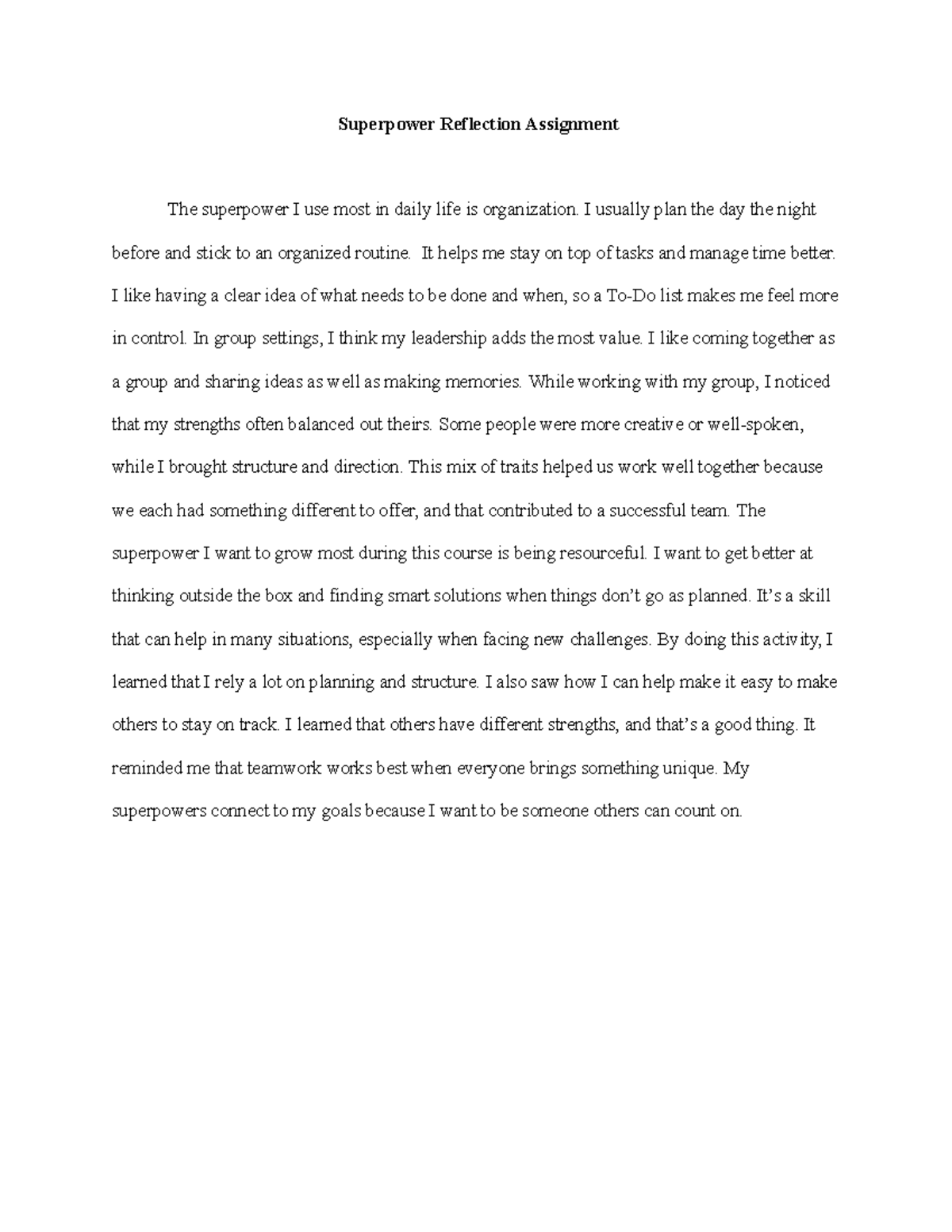 Superpower Reflection Assignment: Embracing Organization and Teamwork ...