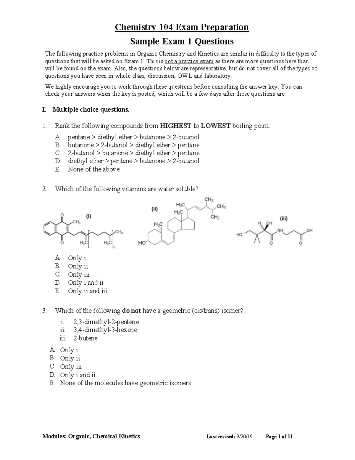 Chemistry 104 Final Exam Prep: Sample Exam 1 Questions - Studocu