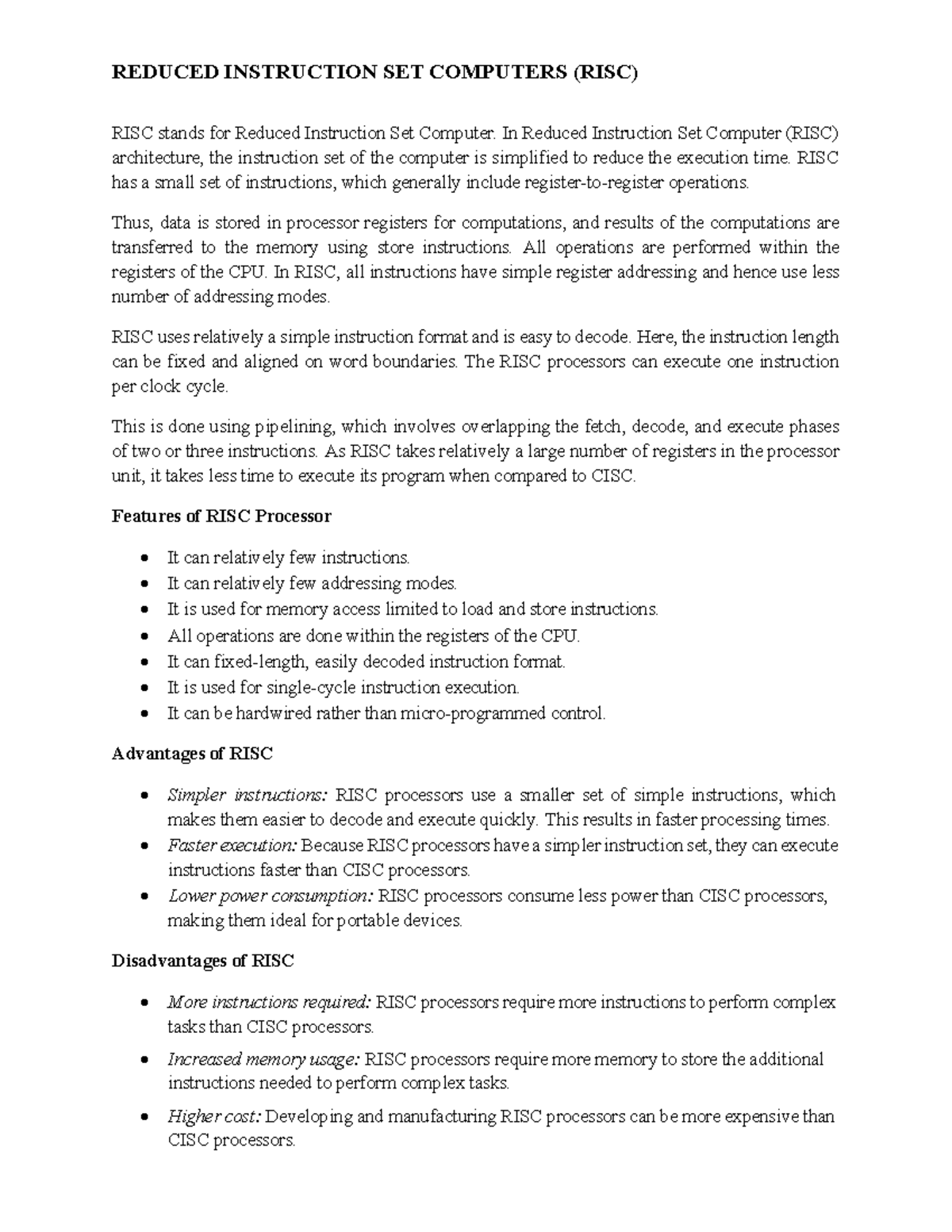 RISC & CISC Lecture Notes (CS101) - Studocu