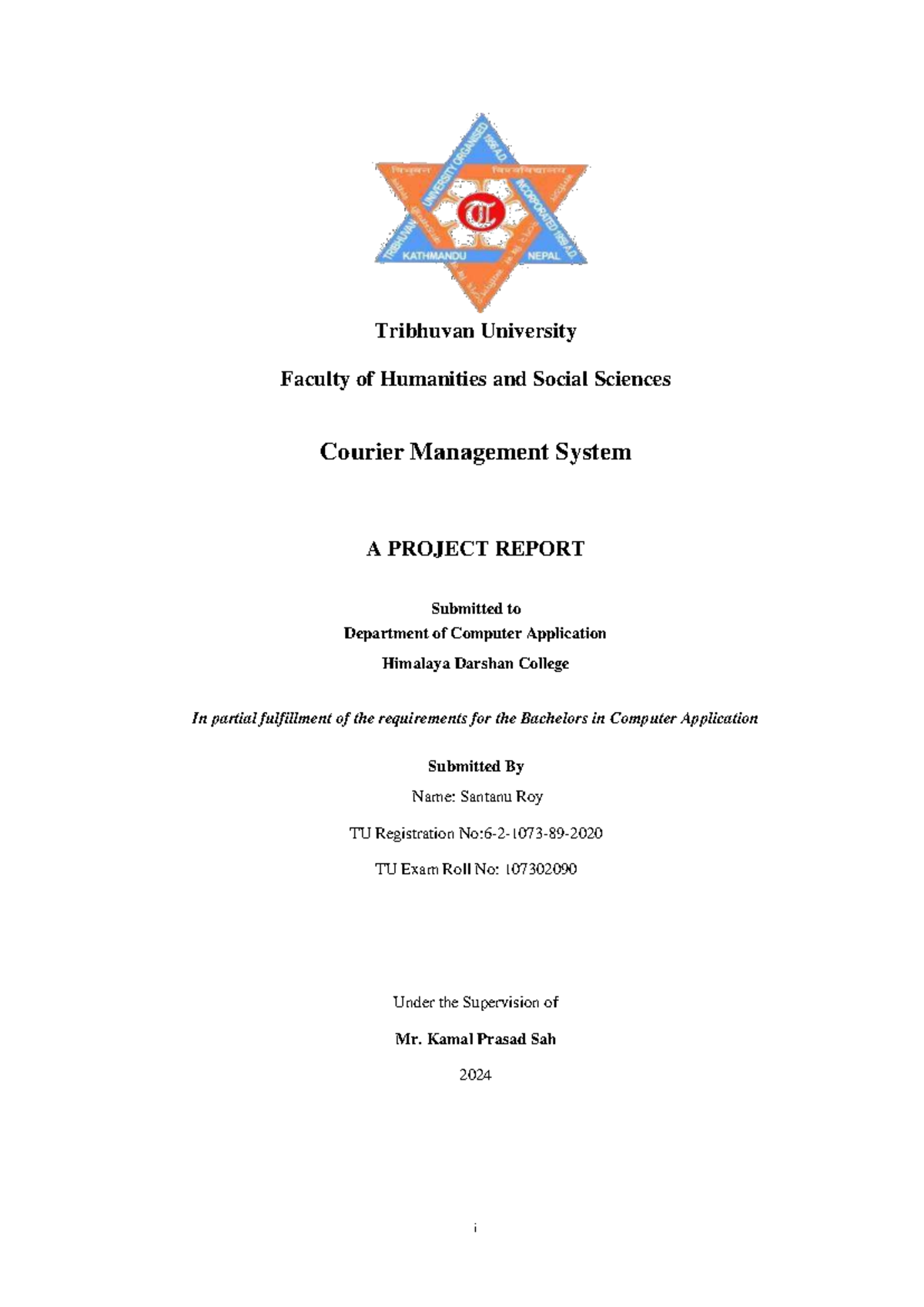 Courier management system project report for BCA at TU - Studocu