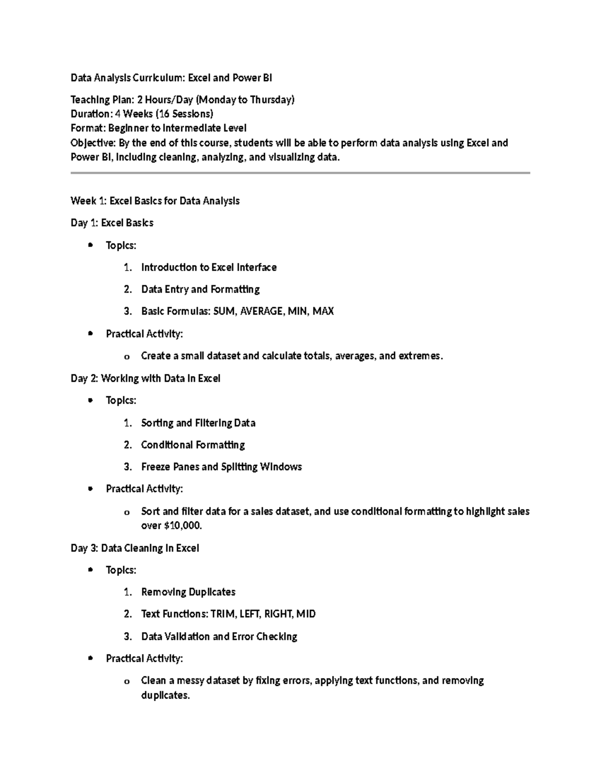 Data Analysis Curriculu 1 - Week 1: Excel Basics for Data Analysis Day ...
