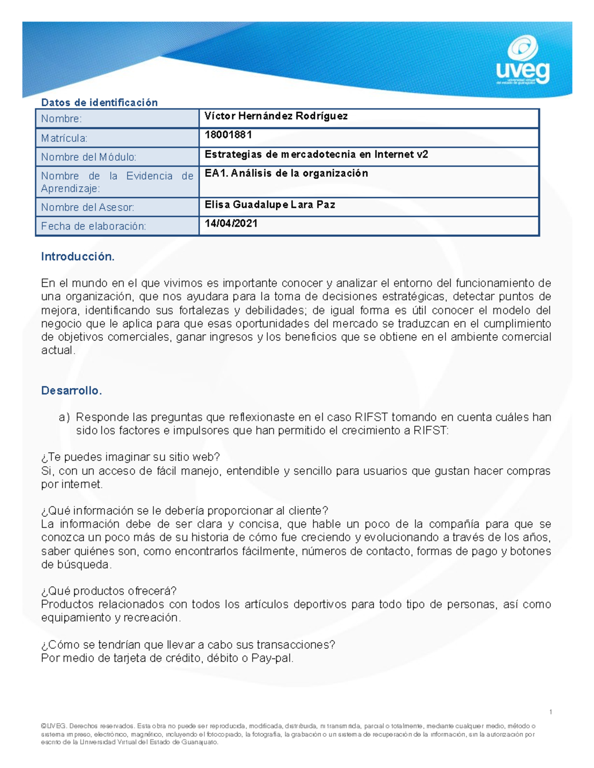 EA1 - Análisis de la Organización RIFST en Estrategias de Mercadotecnia - Document Preview