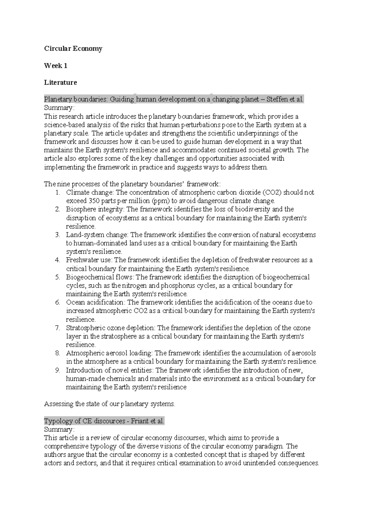 Circular Economy Lecture Notes & Learning Points (Week 1) - Studeersnel