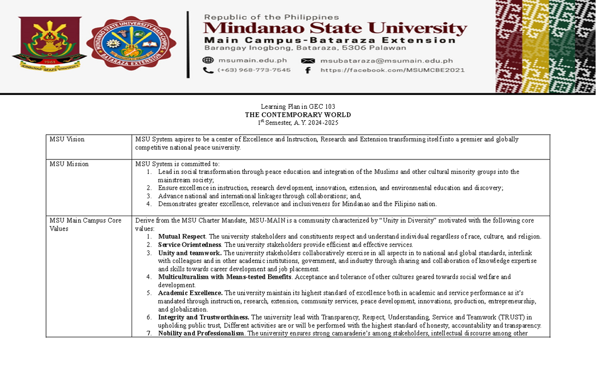 GEC 103 Learning Plan - Learning Plan in GEC 103 THE CONTEMPORARY WORLD ...
