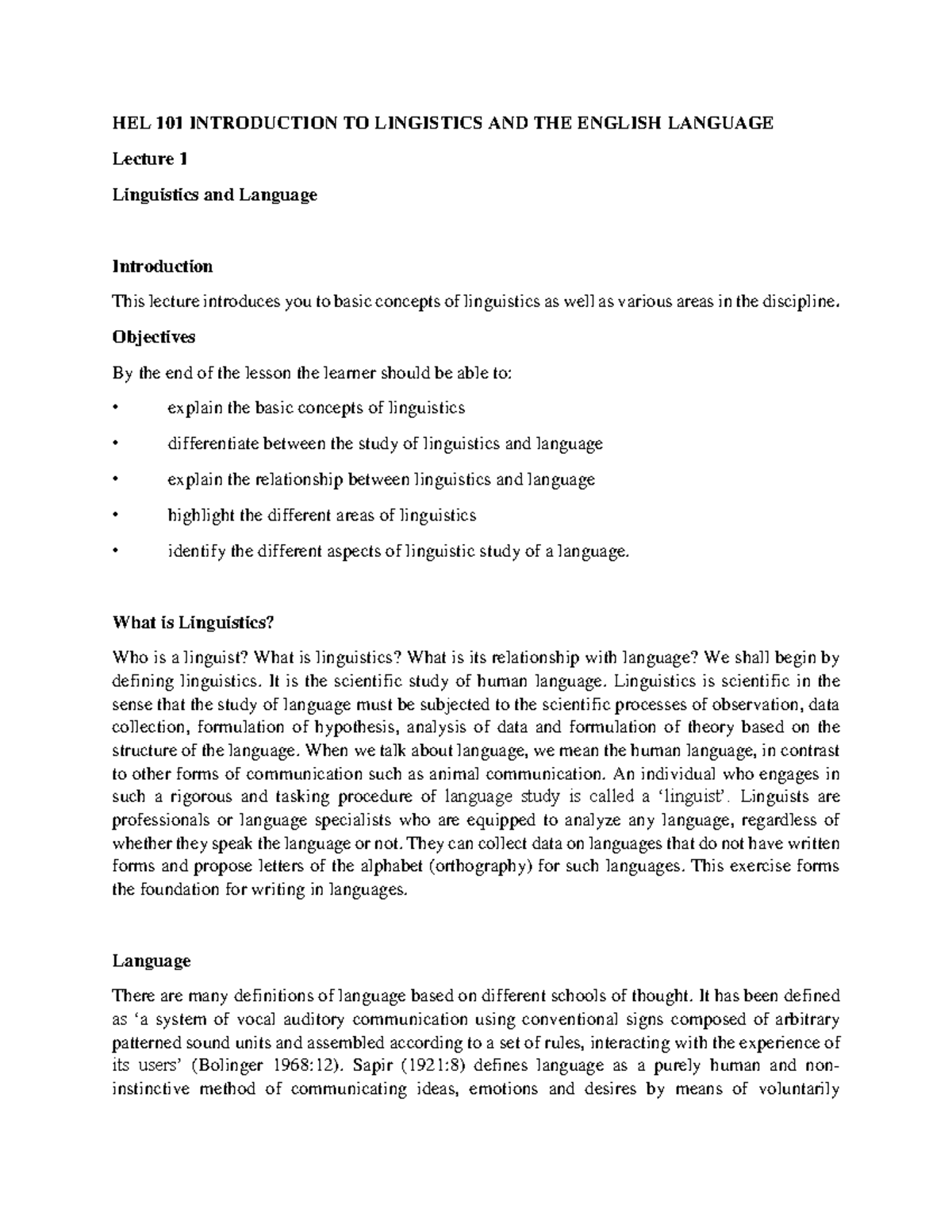 HEL 101 Lecture 1 - Introduction to Linguistics and Language Concepts ...