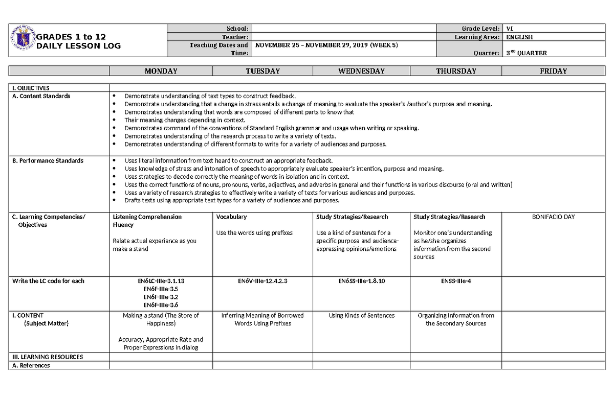 DLL English 6 Q3 W5 - Daily Lesson Log for Grades 1-12 - Studocu