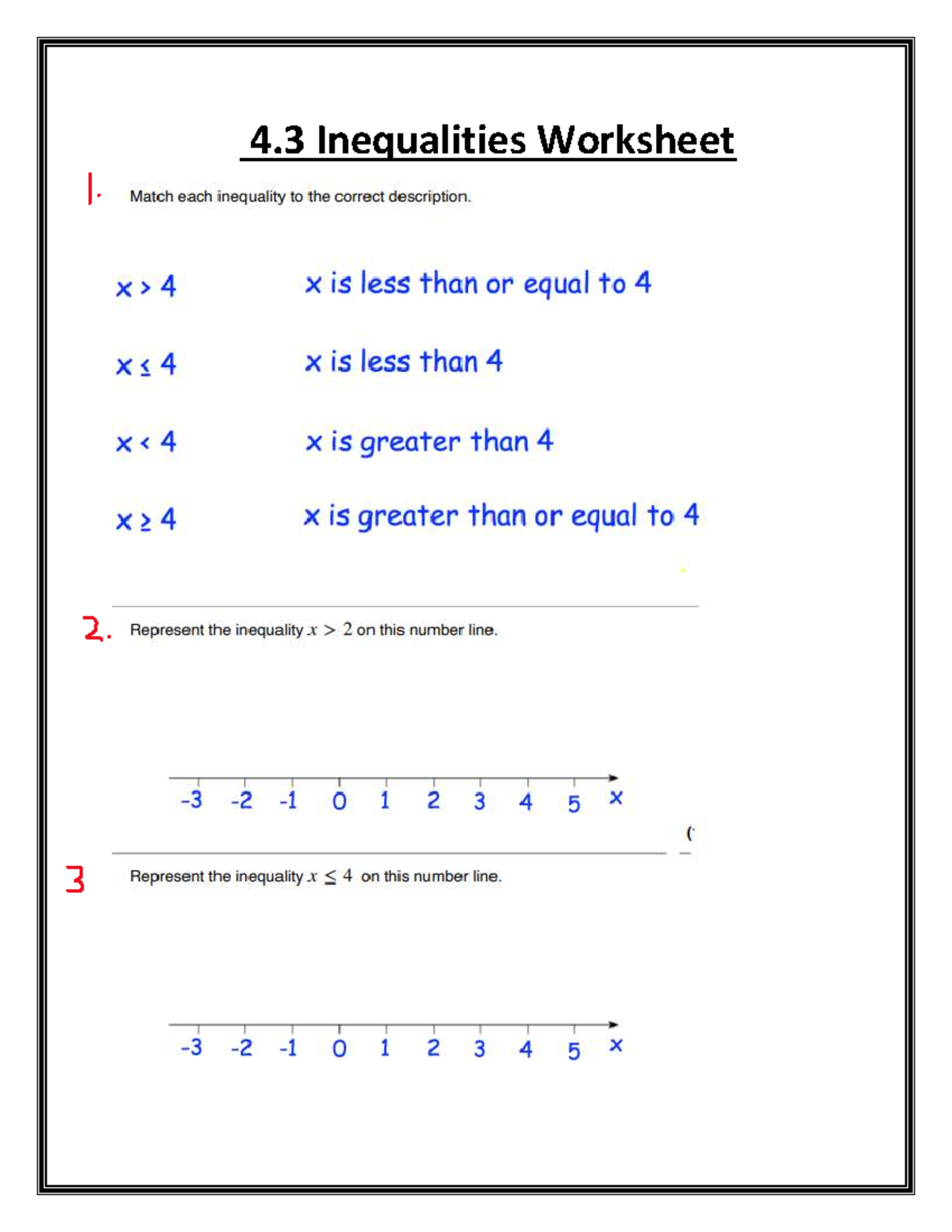4.3 Inequalities New - Jjxjxjxjxj - 4 Inequalities Worksheet Match each ...