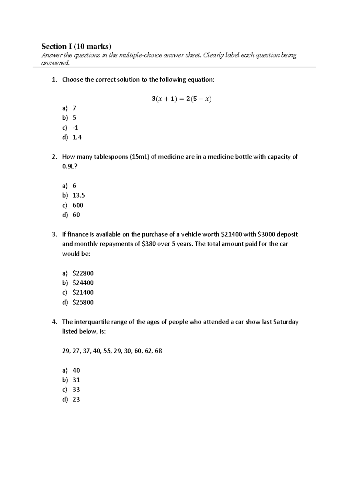 Y11 Std Maths Mock Exam 2022 - Section I & II Questions - Studocu