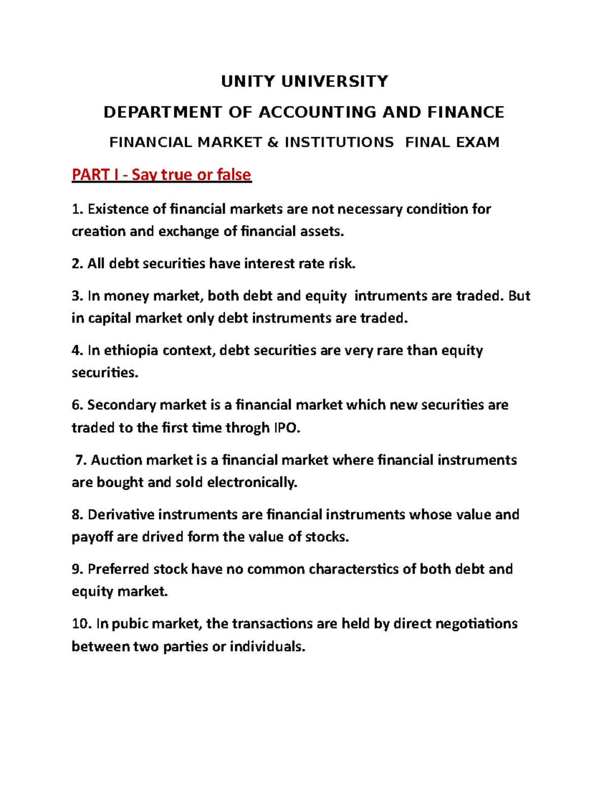 Financial Market & Institutions Final Exam Questions - Studocu