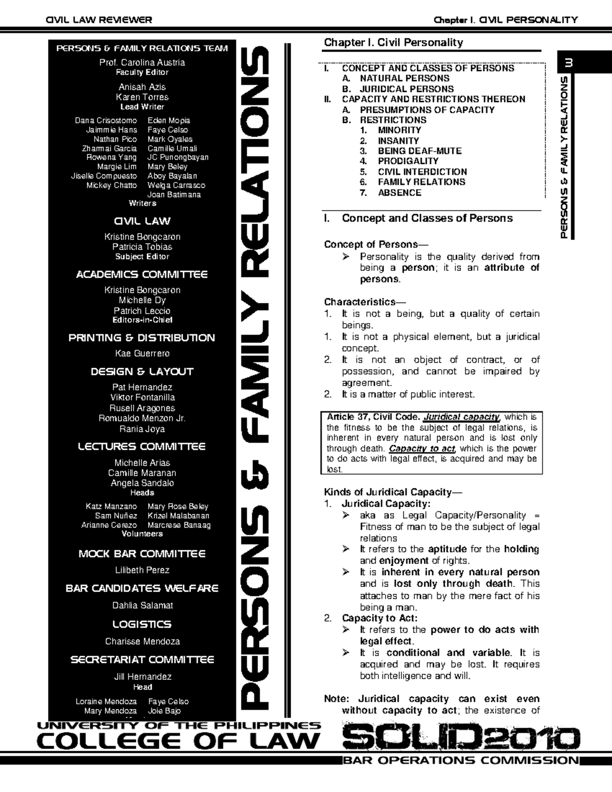 UP 2010 Civil Law: Chapter I - Civil Personality & Family Relations ...