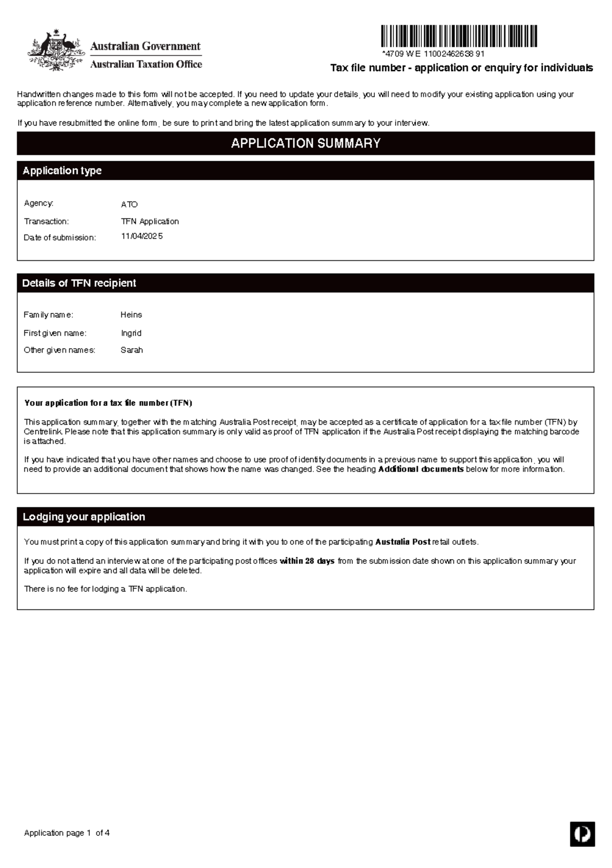 W E 11002462638 91 TFN Application Summary and Submission Guidelines ...