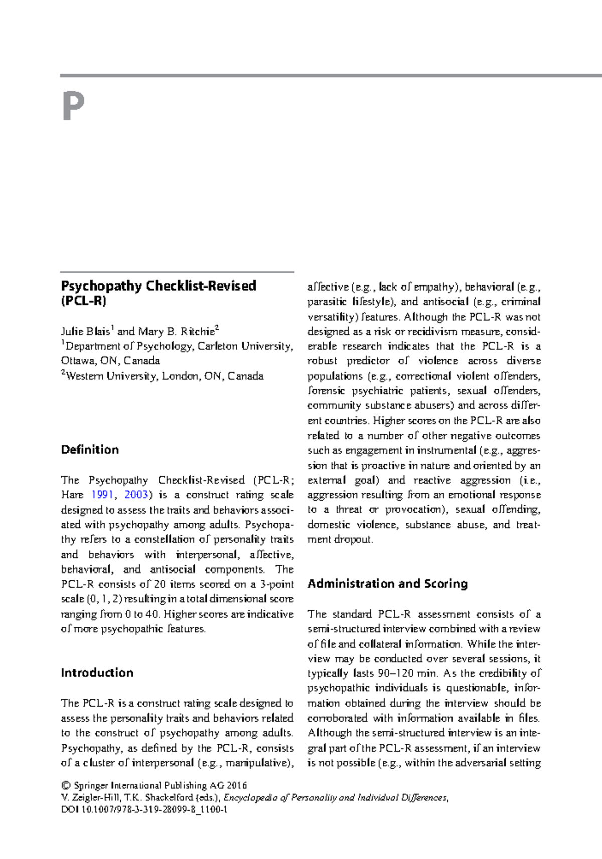 PCL-R Psychopathy Assessment Overview by Blais & Ritchie (2016) - Studocu