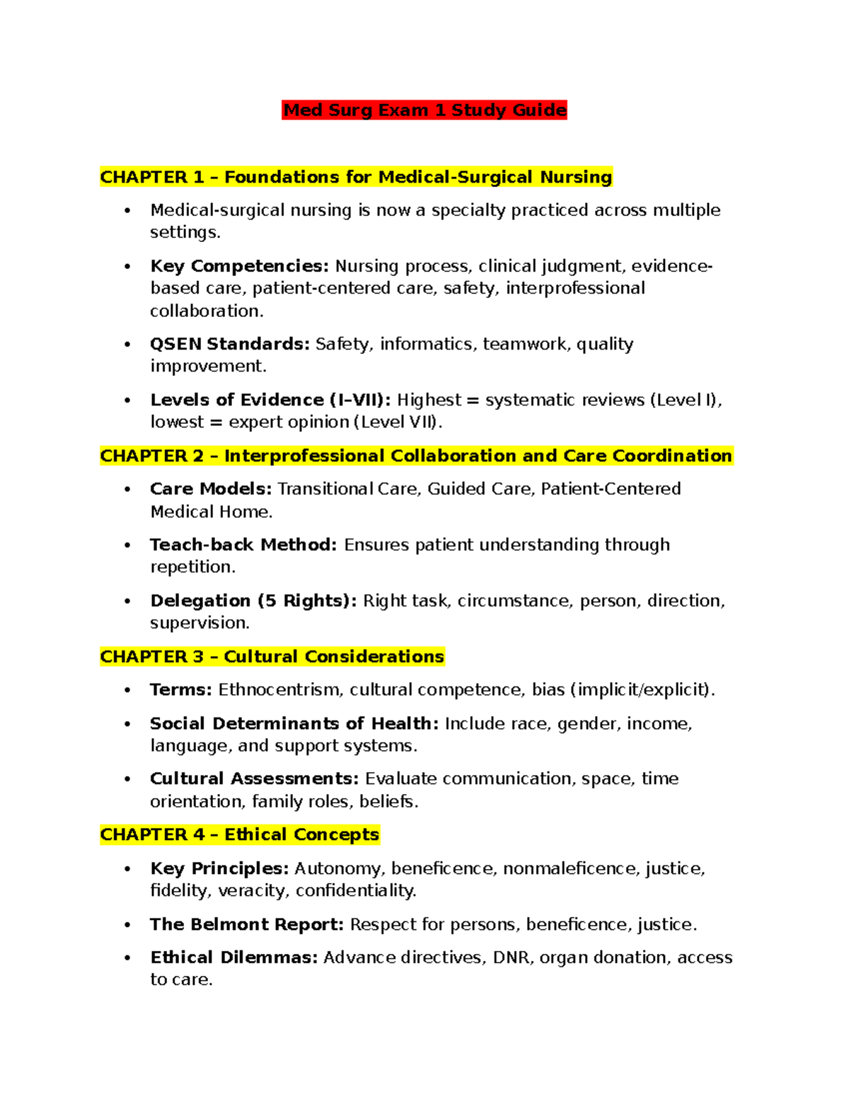 Med Surg Exam 1 Study Guide: Foundations, Collaboration, and Care - Studocu