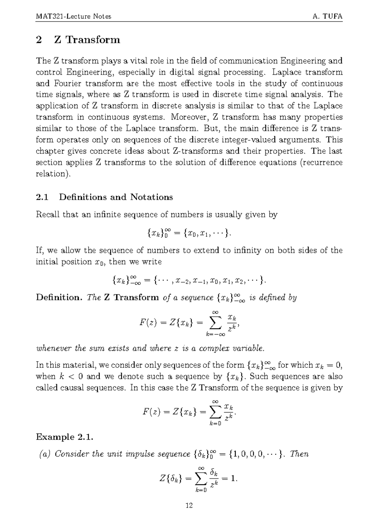 Math 392 Lecture Notes: Understanding the Z Transform - Studocu