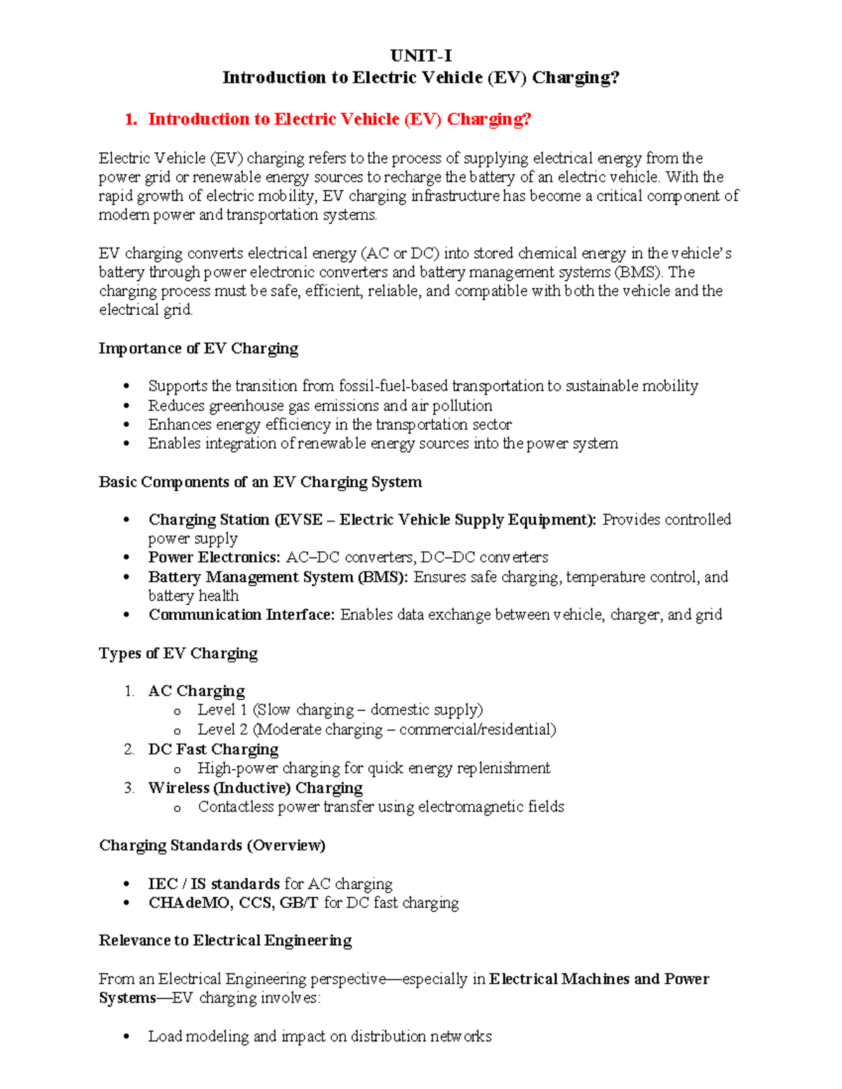 Unit-I: Charging Infrastructure for Electric Vehicles (EV) - Overview ...