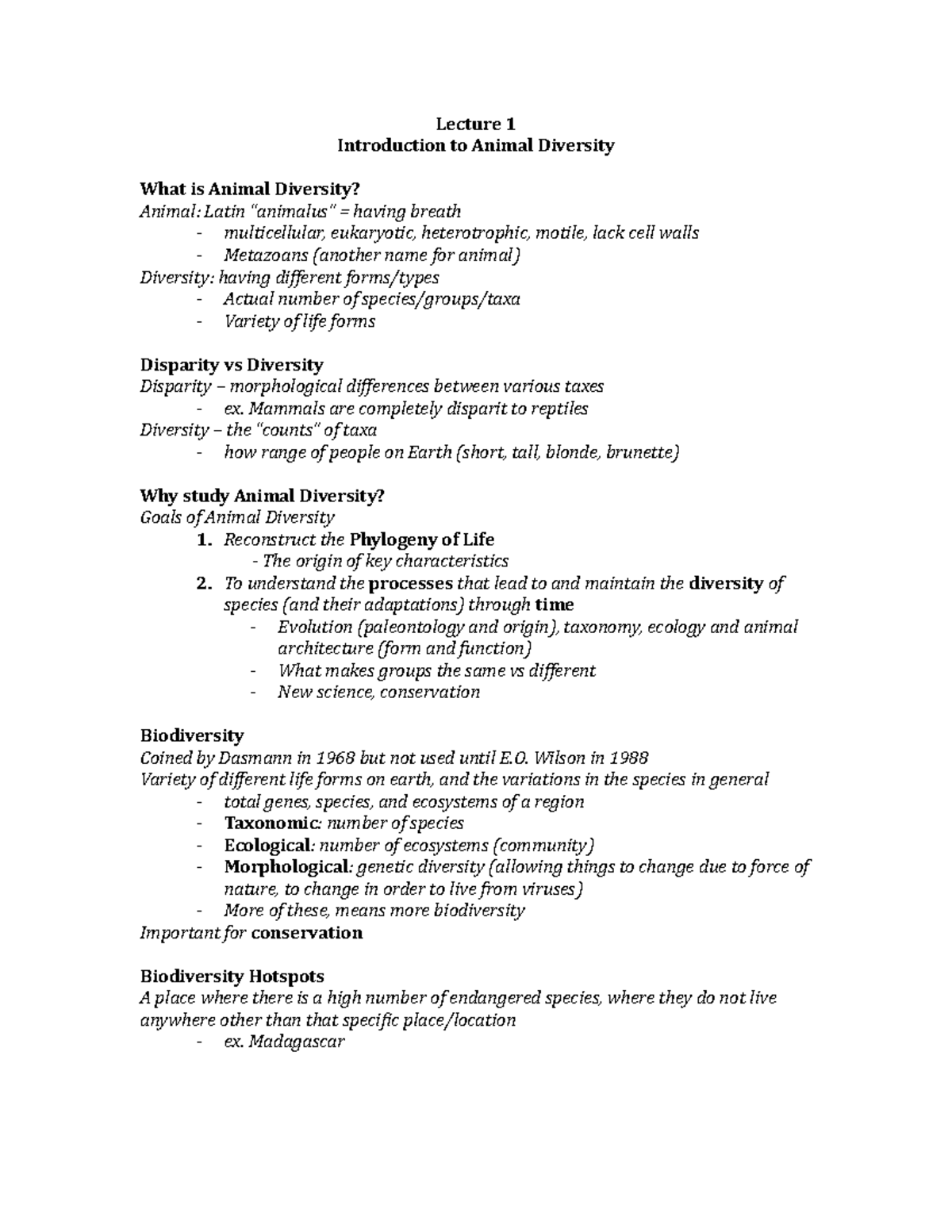 Animal Diversity Lecture Notes (BIOL 101) - Key Concepts and ...
