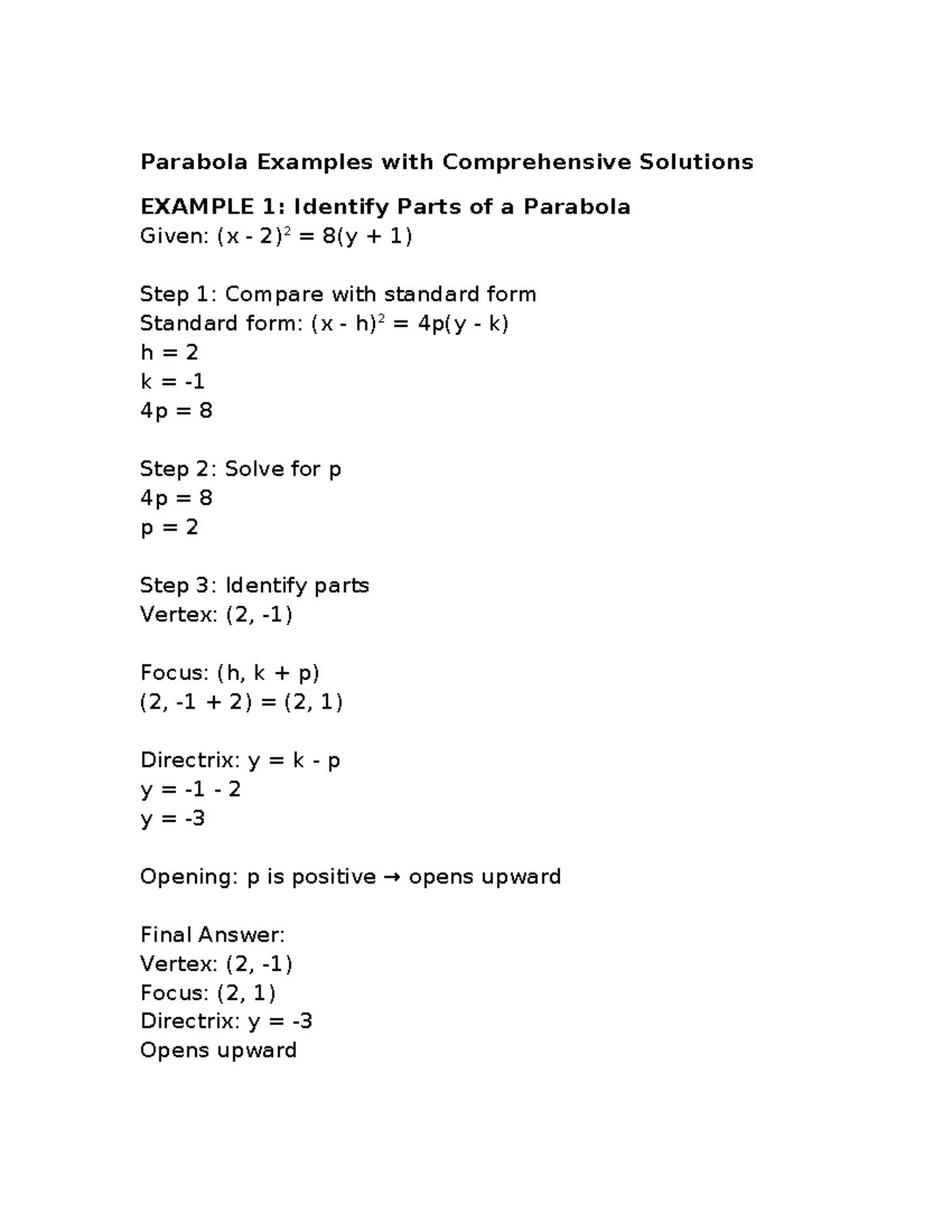 Parabola Examples with Detailed Solutions and Explanations - Studocu