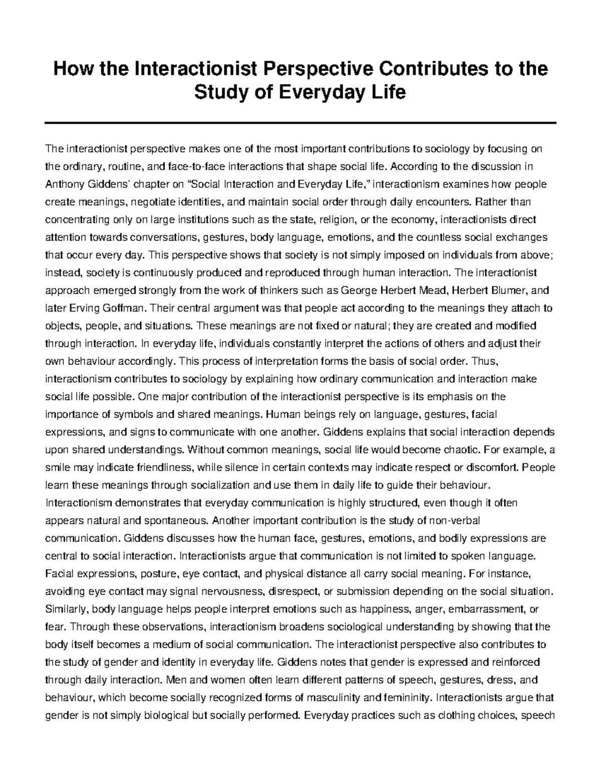 Interactionist Perspective on Everyday Life: Key Contributions to ...