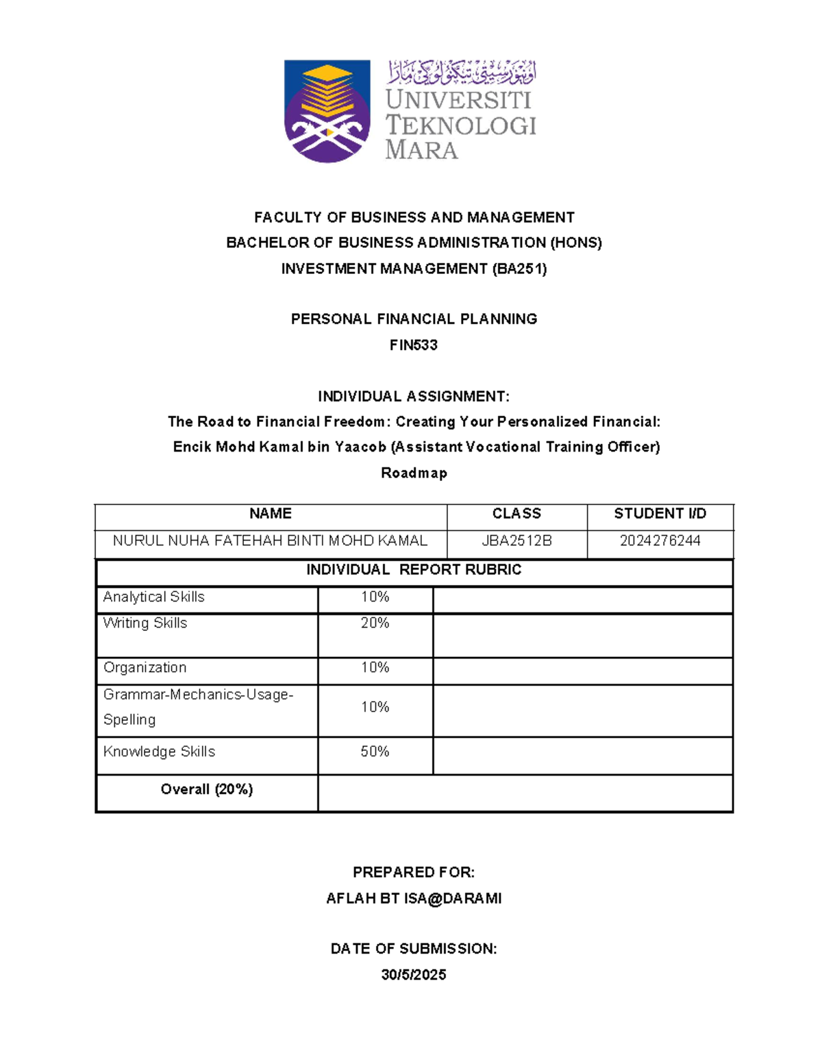 FIN533 Individual Assignment: Personal Financial Planning Report - Studocu