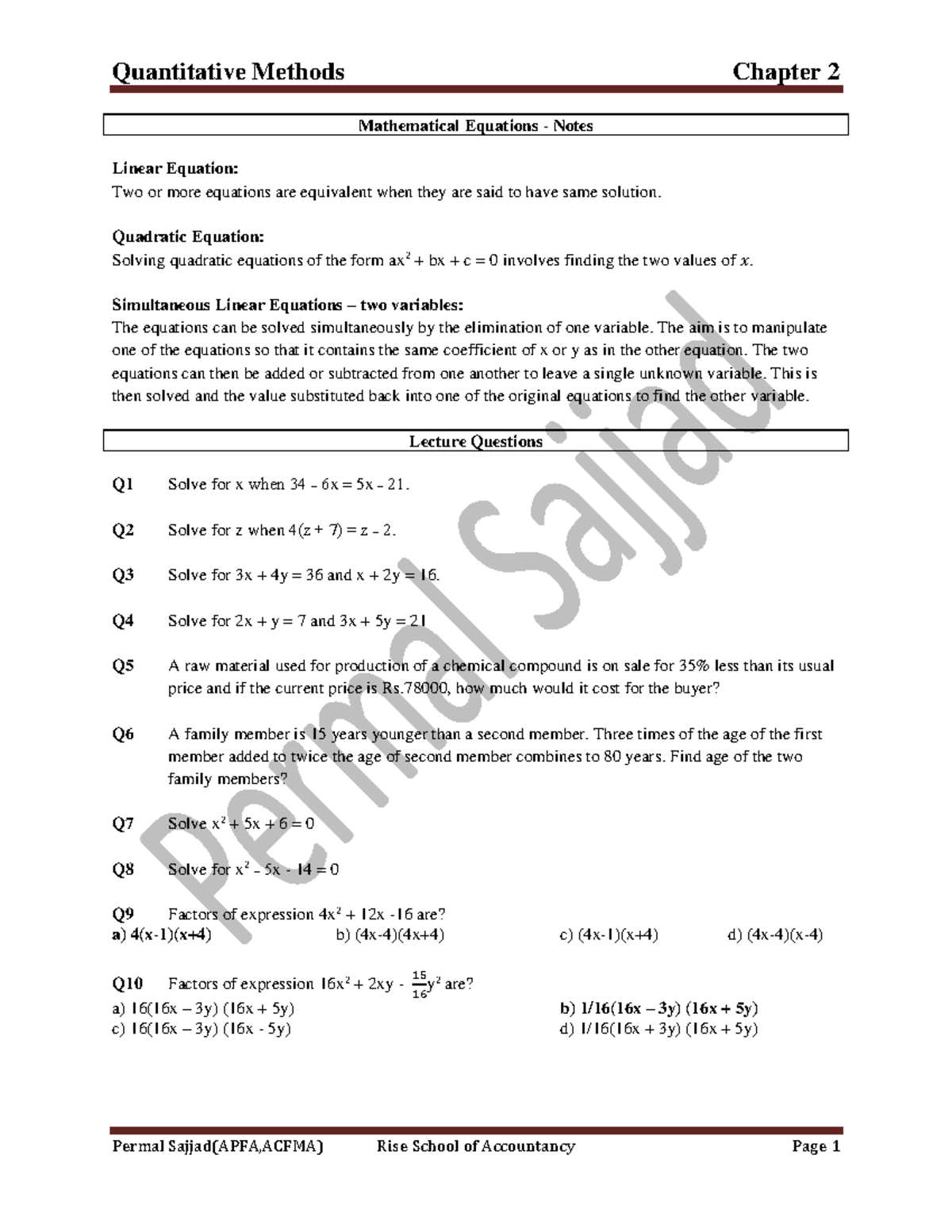 Chapter 2 Notes - Quantitative Methods Chapter 2 Permal Sajjad(APFA ...