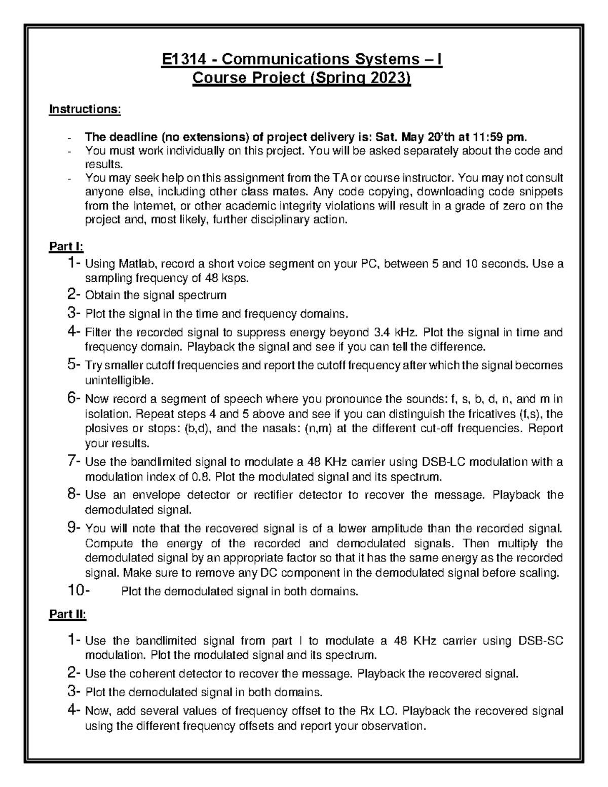 E1314 - Comm Systems I Spring 2023 Project Guidelines and Steps - Studocu