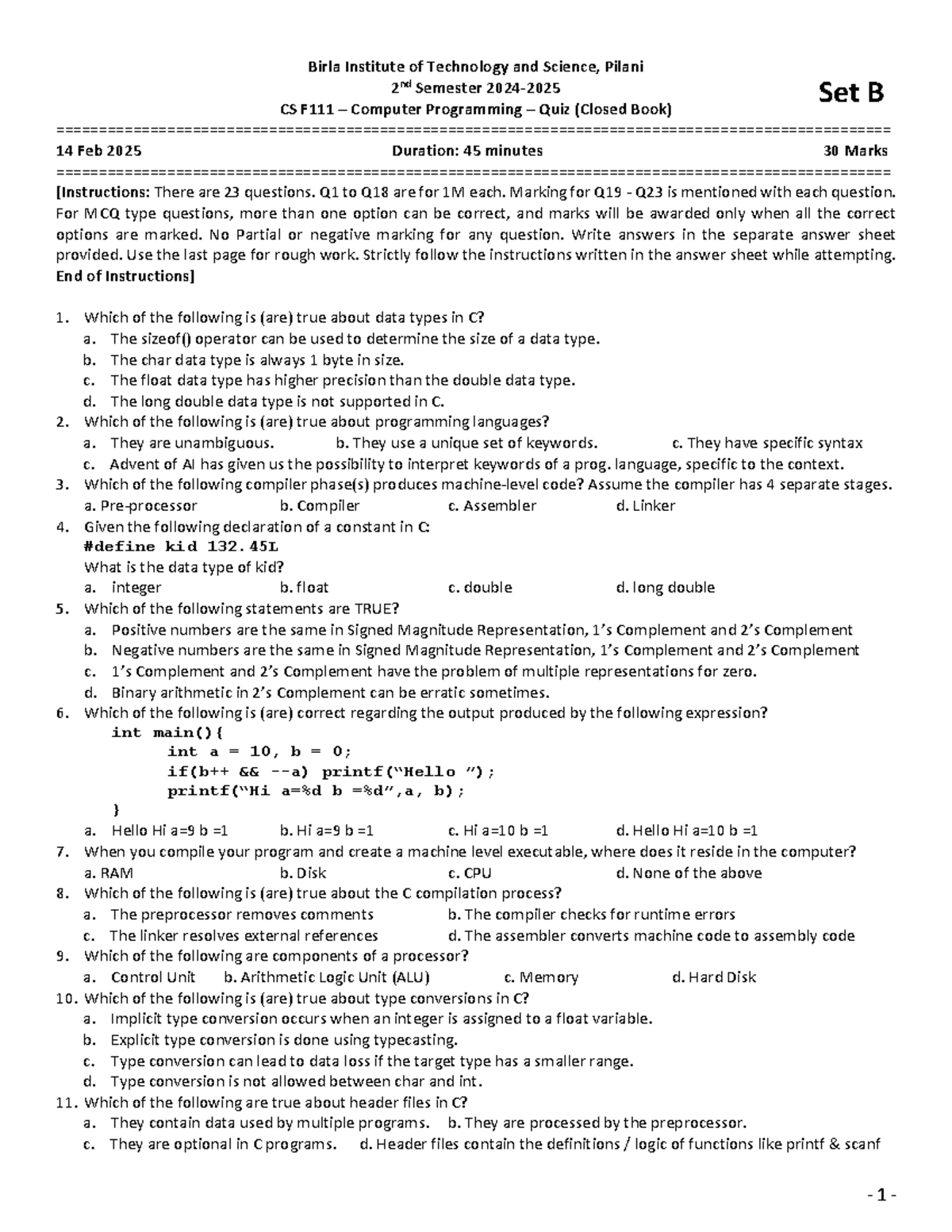 CS Quiz - Set B: Computer Programming (Closed Book) 14 Feb 2025 - Studocu