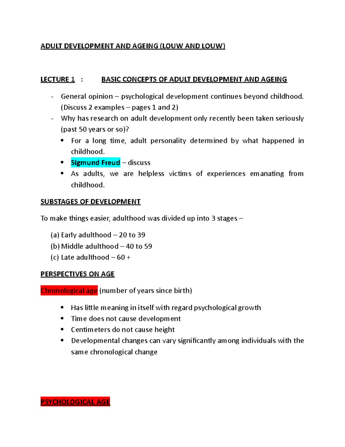 Adult Dev & Ageing (PSY101): Key Concepts from Lecture 1 - Studocu