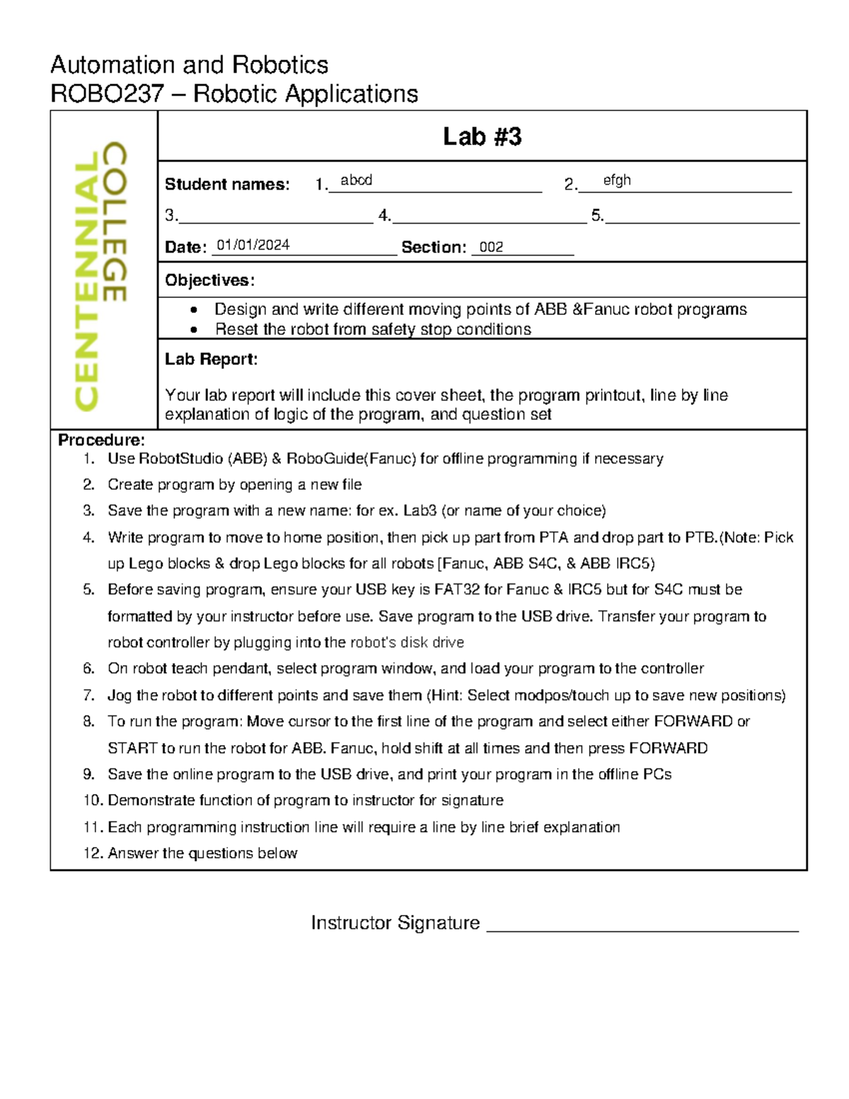 Robotics Lab 3 - Automation and Robotics ROBO237 – Robotic Applications ...