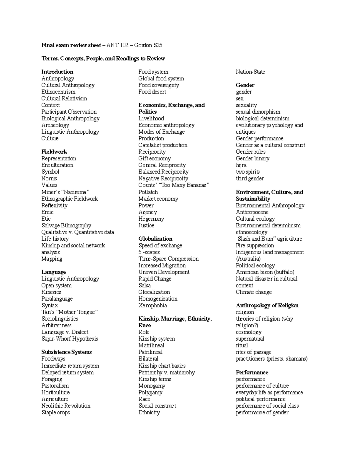 Final Exam Review Sheet - ANT 102 - Key Concepts & Essential Terms S25 ...