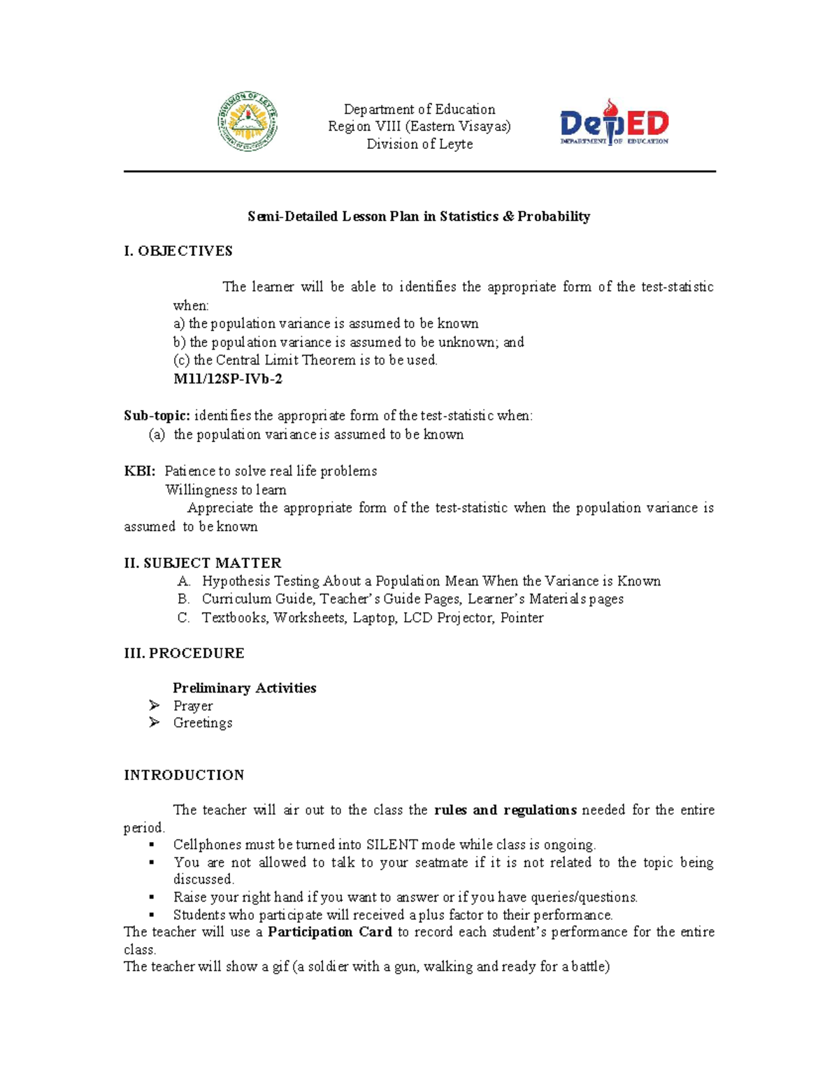 Jenefer A. Silvano's Lesson Plan on Hypothesis Testing in Statistics ...