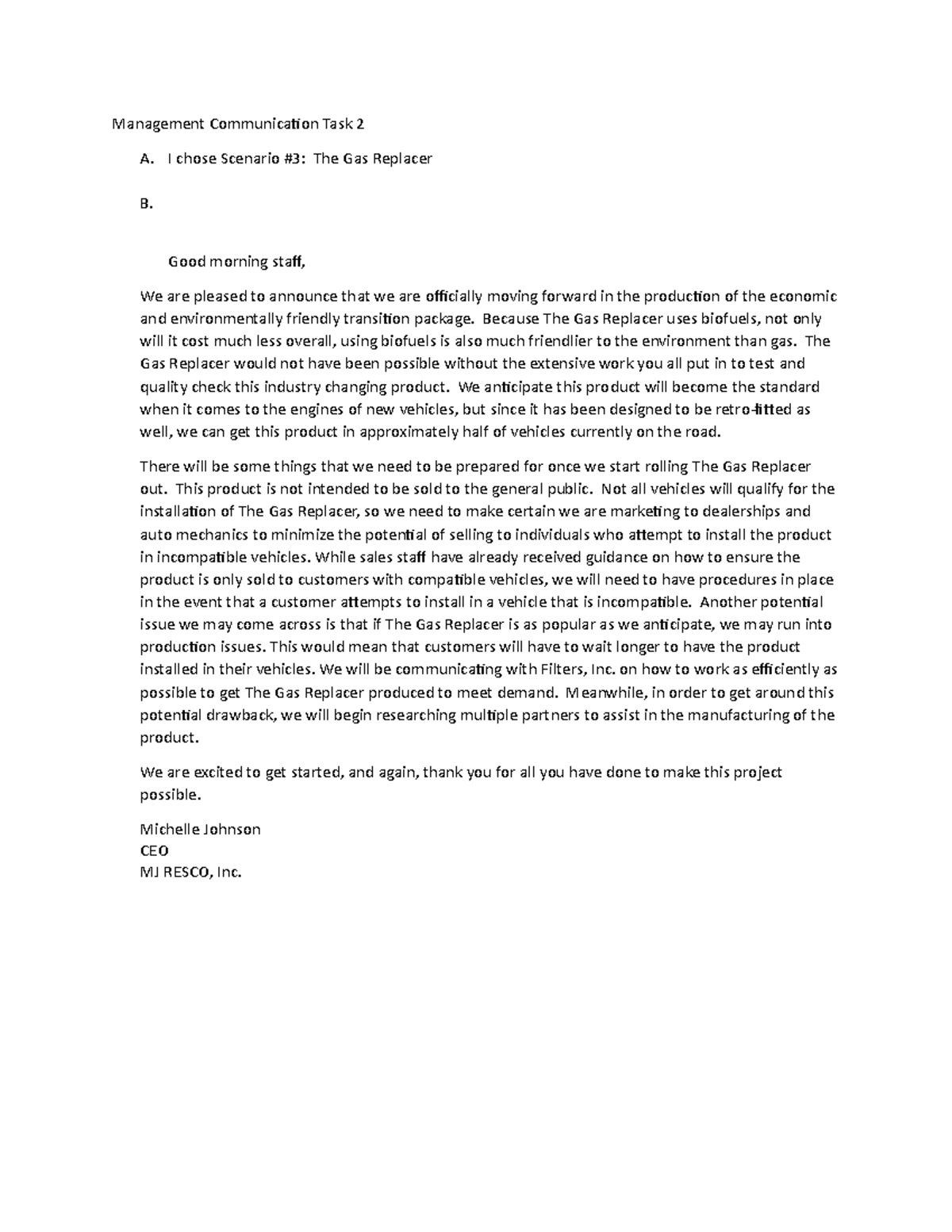 Management Communication Task 2 - I chose Scenario #3: The Gas Replacer ...