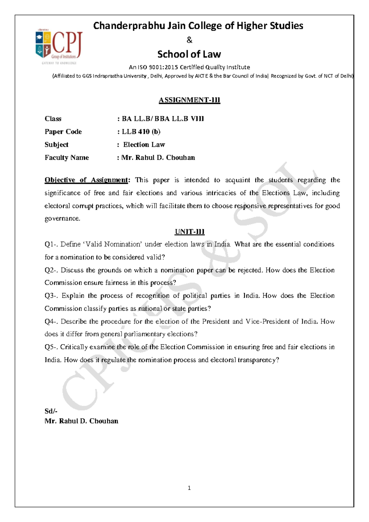 Assignment-III: Election Law (LLB 410 b) Insights for BA LL/BBA LL VIII ...
