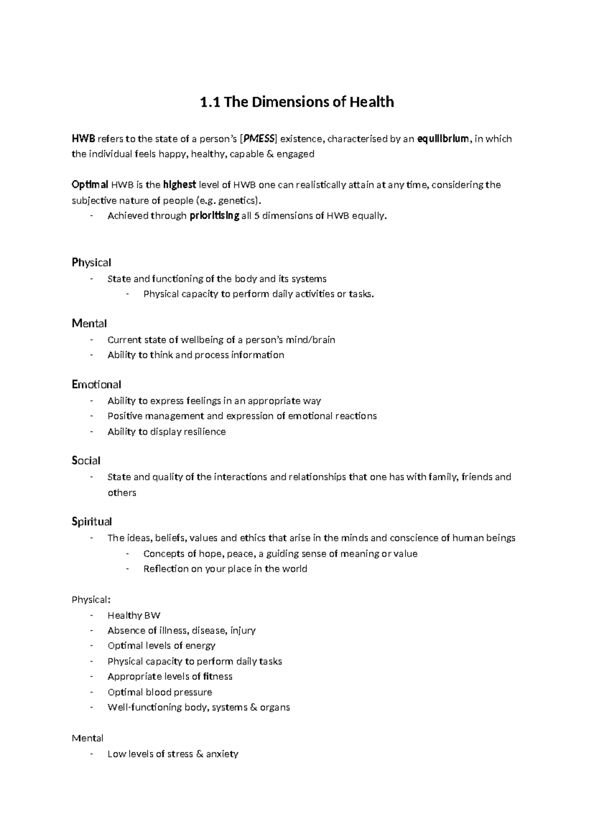 1.1 HHD HWB - Comprehensive Notes on Health Dimensions - Studocu